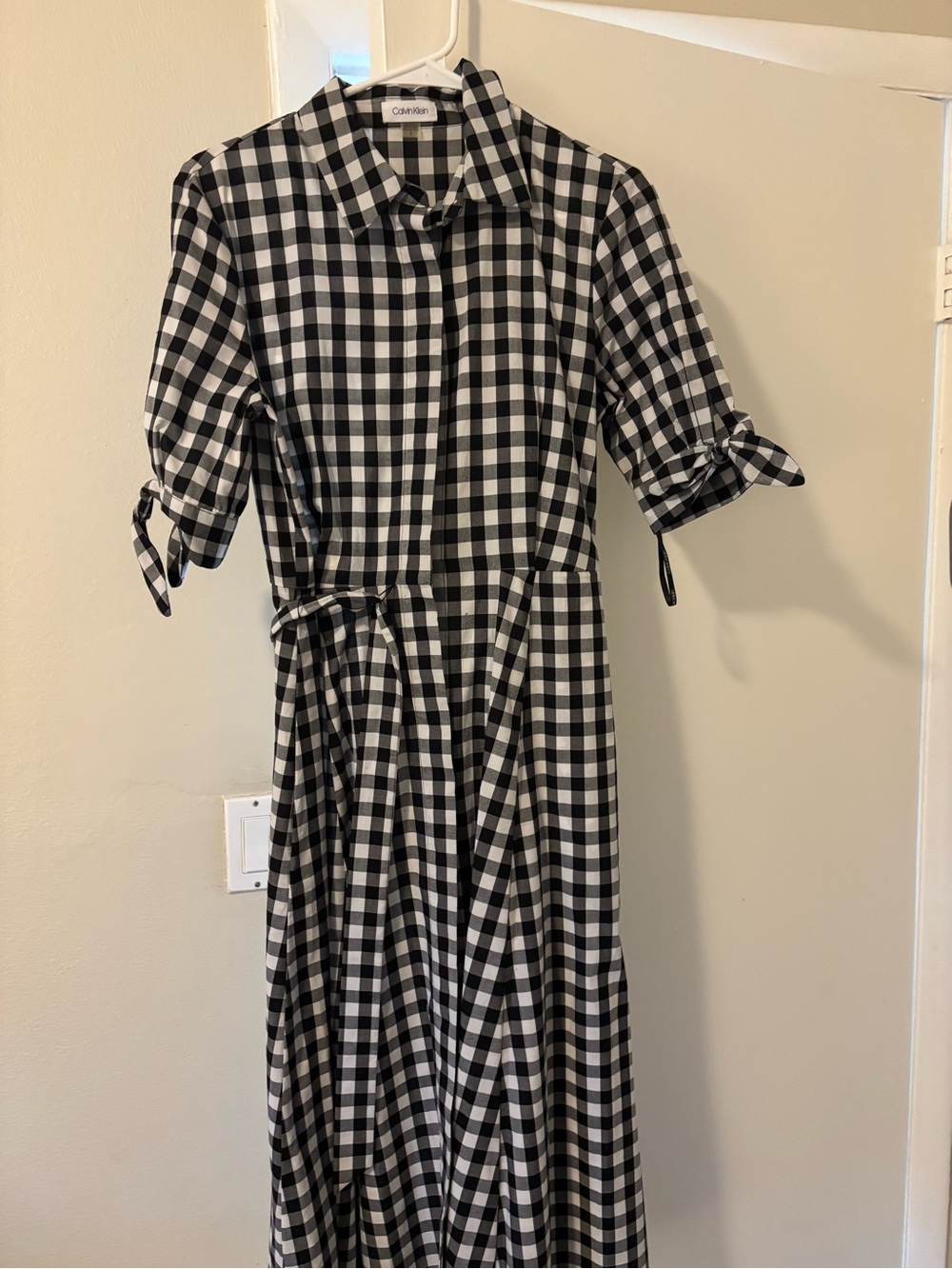 Calvin Klein Black and White Gingham Maxi Shirt Dress with Tie Waist